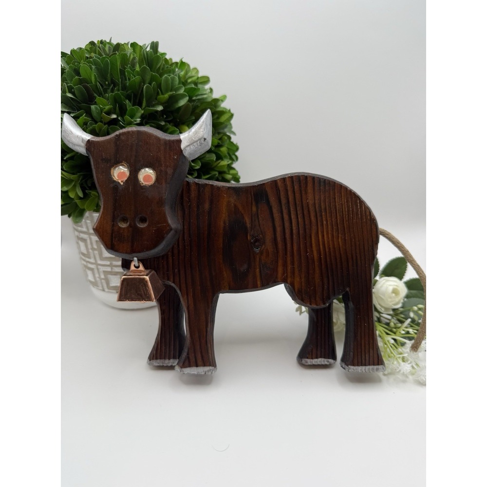 Rustic Hand Carved Wooden Bull Figurine 8" Farmhouse‎ Decor Silver Horns Bell